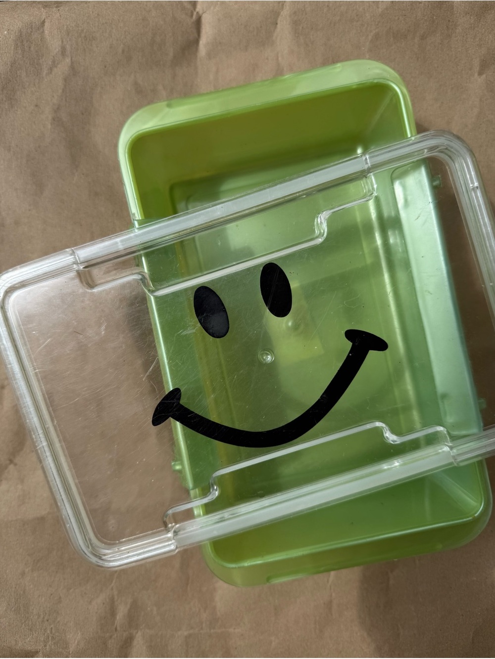 Early 2000s Green Smiley Storage Container with Clear Lid